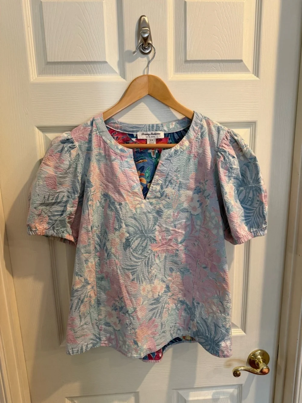 Tommy Bahama Floral Mix Short-Sleeve Top in Light Blue & Pastel Pink - Picture 1 of 7